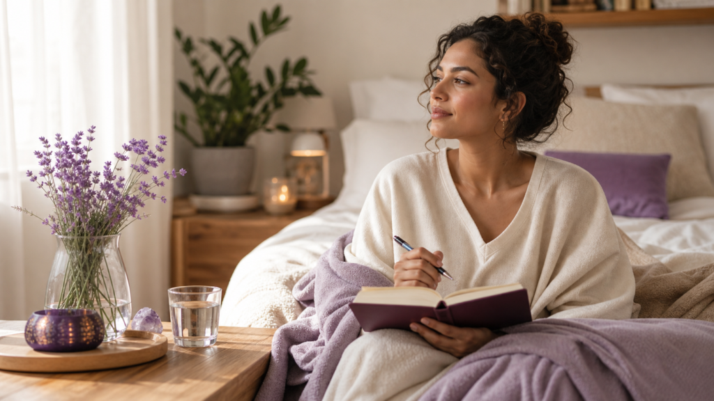 Woman journaling in a quiet self-care nook with soft morning light