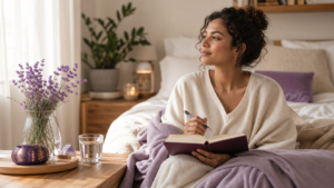 Woman journaling in a quiet self-care nook with soft morning light
