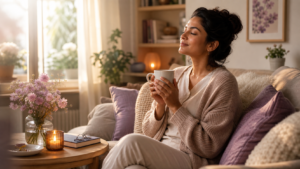 Woman taking a soft reset in a calm home corner near a window