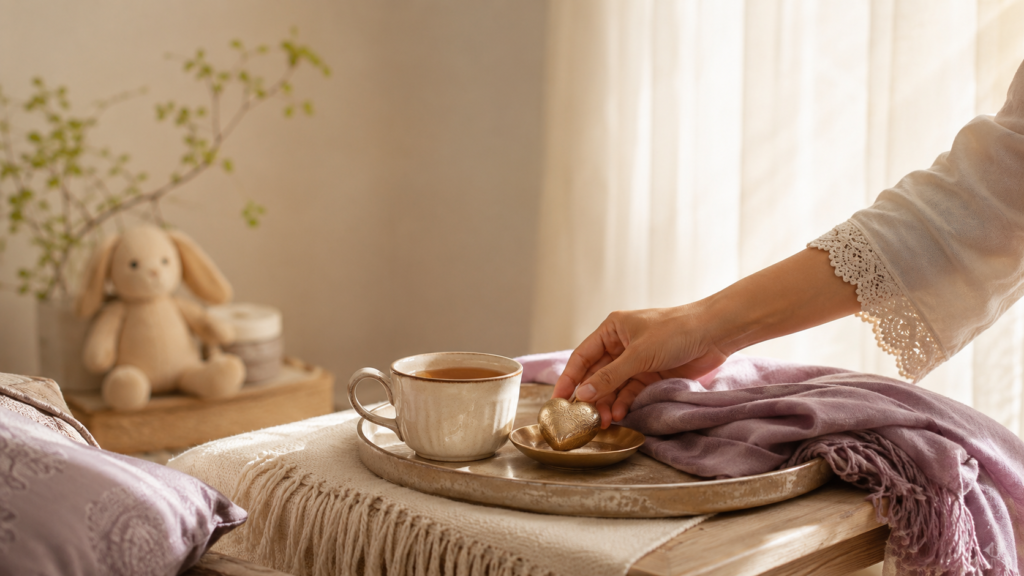 Warm home ritual scene with tea, soft textiles, and family comfort details for a crowded mind.