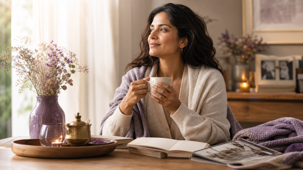 Woman in a calm home ritual moment with tea and soft family-wisdom details