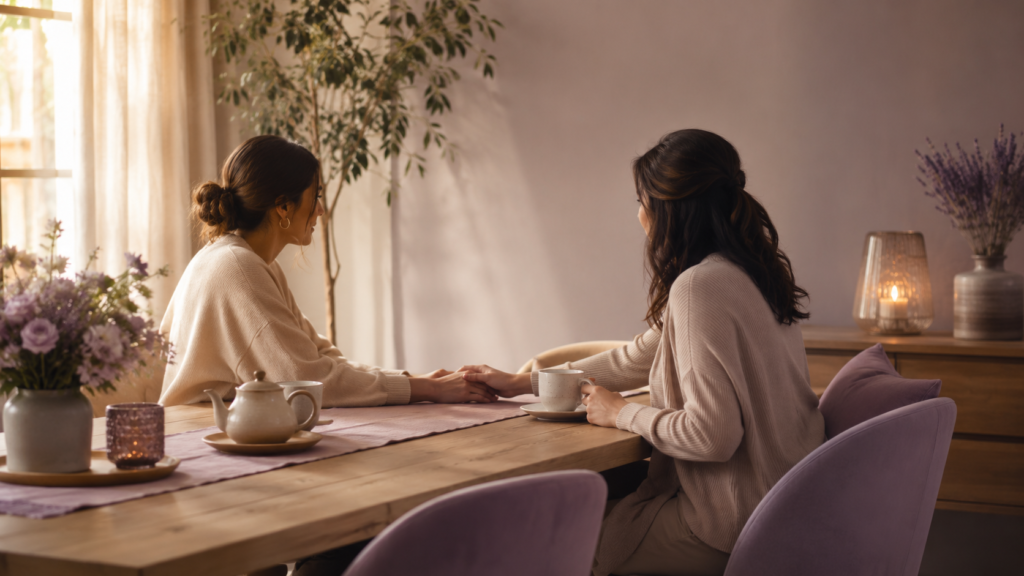 Two women sharing tea in a warm supportive conversation after a difficult day.
