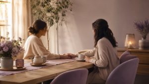 Two women sharing tea in a warm supportive conversation after a difficult day.