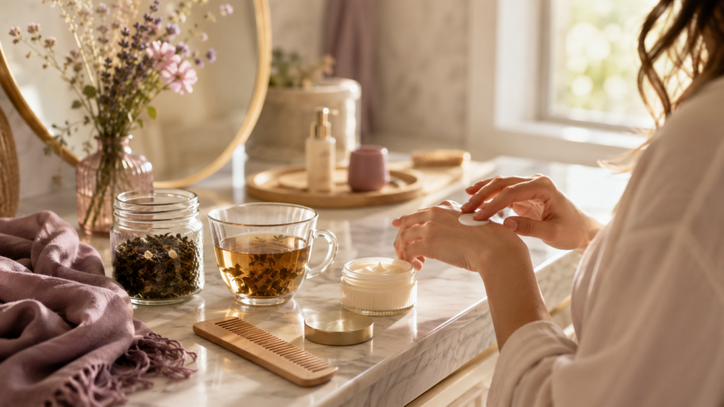 Warm low-pressure beauty ritual scene with tea, hand cream, flowers, and soft morning light for a long family weekend.