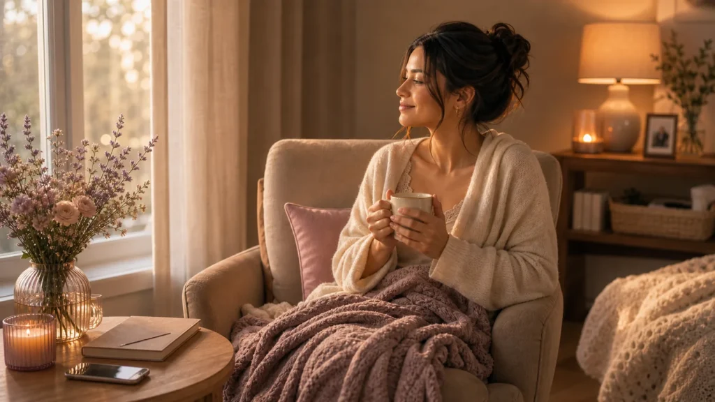 A cozy interior scene with a woman sitting near a window with tea, phone face down, soft plants and cushions, feeling quietly connected and less alone, no text.