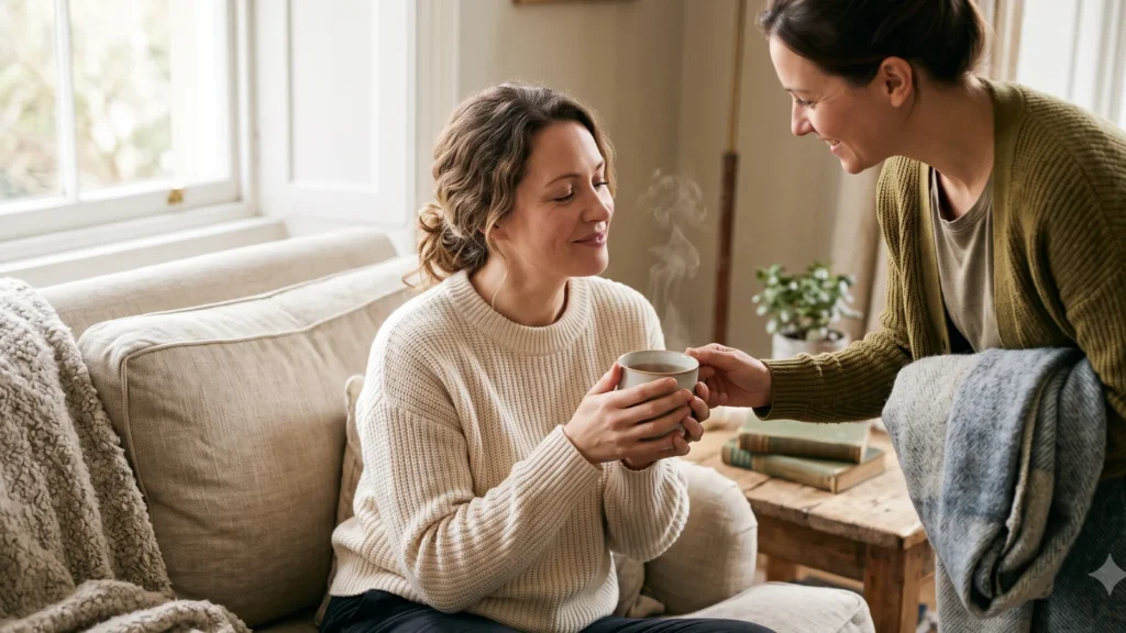 A woman receiving gentle practical help from a friend in a cozy home, supportive mood, no text.