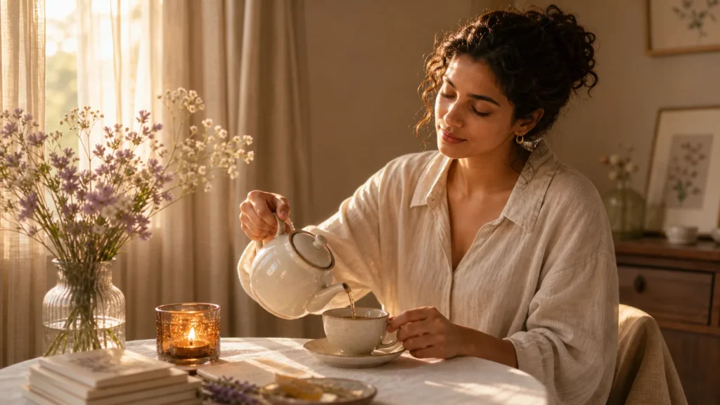 A woman pouring tea in late afternoon light with flowers and soft curtains, reflective peaceful mood, no text.