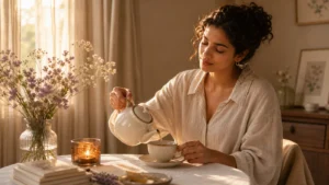 A woman pouring tea in late afternoon light with flowers and soft curtains, reflective peaceful mood, no text.