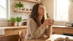 A mother taking a gentle pause after a hard morning in warm home light, calm parenting reset, no text.