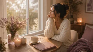 A woman journaling alone at a small table with tea and flowers, calm introspective mood, golden hour light, elegant feminine editorial, no text.