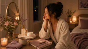 A woman winding down after a full day with skincare, tea, planner closed nearby, candlelight and soft bedding, restful premium editorial look, no visible words or logos.