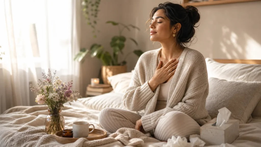 A comforting bedroom scene with a woman in a soft cardigan, gentle daylight, hand over heart, self-kindness mood, no text.