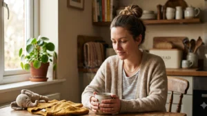 A tired but loving mother in a warm home moment with tea and a child item nearby, gentle hopeful motherhood support mood, no text.