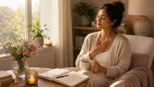 A thoughtful woman near a window with blank journal, tea, flowers, hand near heart, quiet decision-making mood, no text.