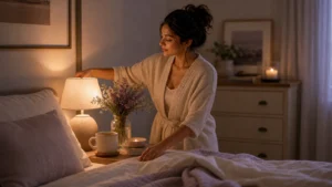 A woman preparing a calm bedroom before bed with soft lamp, tea, flowers, and peaceful bedding, no text.