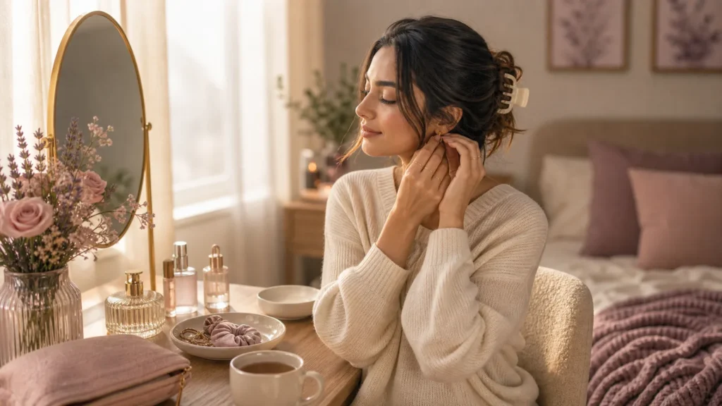 A calm editorial hero image of a woman gently getting ready on a low-energy day, warm morning light, mirror, soft cream clothing, simple skincare and hair brush on a tidy vanity, peaceful and realistic, no text.