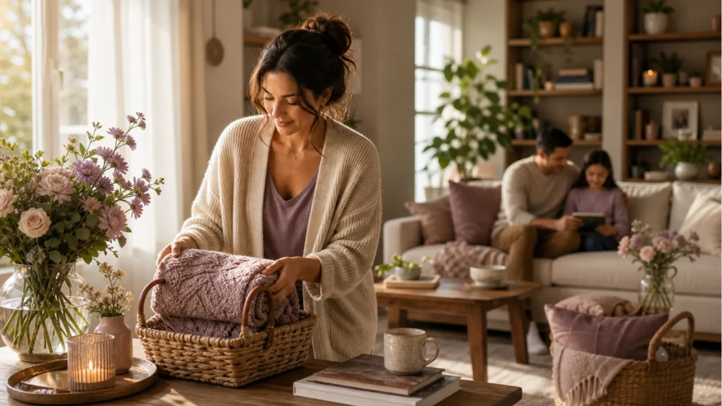 Warm editorial living-room scene for making a busy home feel calmer