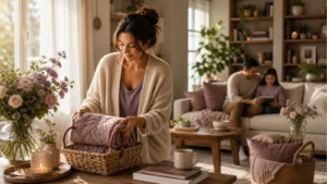 Warm editorial living-room scene for making a busy home feel calmer
