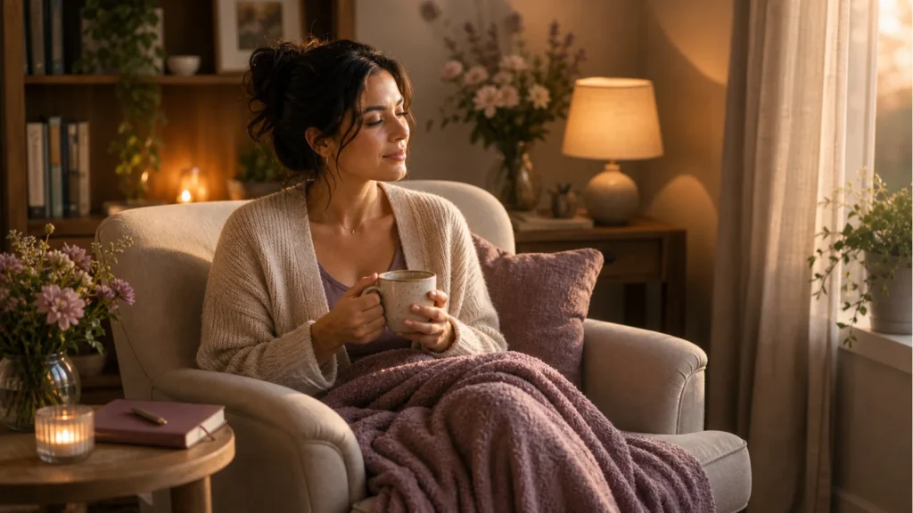 Warm editorial reading-corner scene for gentle comfort practices
