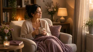 Warm editorial reading-corner scene for gentle comfort practices