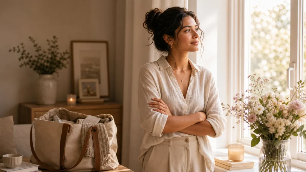 A woman by a bright window in soft neutral clothing with flowers and packed tote, hopeful new chapter mood, no text.