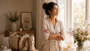 A woman by a bright window in soft neutral clothing with flowers and packed tote, hopeful new chapter mood, no text.