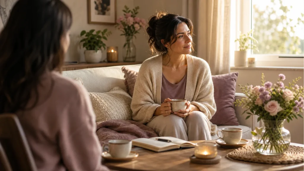 Warm editorial home scene for gentle rhythms around a difficult conversation