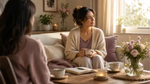 Warm editorial home scene for gentle rhythms around a difficult conversation