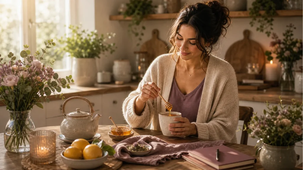 Warm editorial kitchen scene for simple home comfort and tea