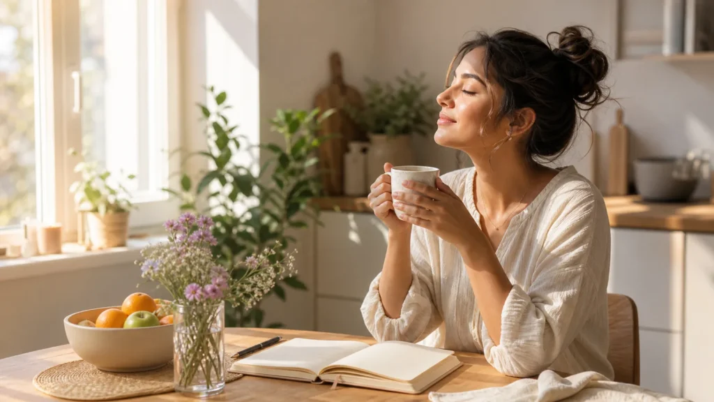 A quiet morning kitchen-table scene with tea, blank journal, flowers, and calm protected routine mood, no text.