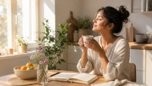 A quiet morning kitchen-table scene with tea, blank journal, flowers, and calm protected routine mood, no text.