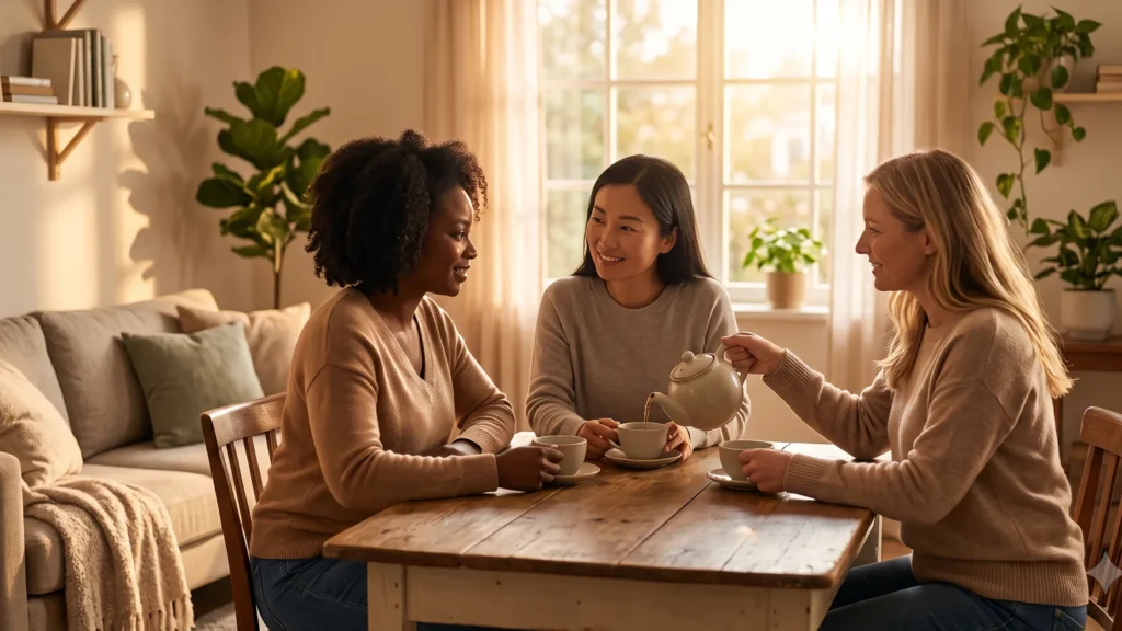 Women sharing tea in a warm home conversation, friendship support-circle mood, no text.