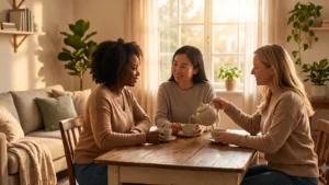 Women sharing tea in a warm home conversation, friendship support-circle mood, no text.