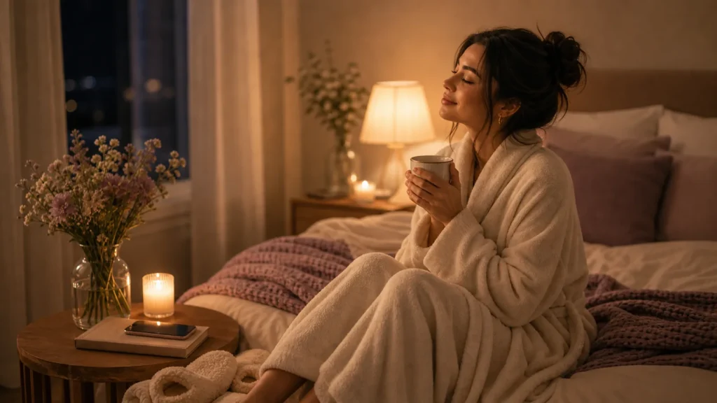 A peaceful evening scene with a woman resting on a sofa, lamp glow, unread book, soft throw, quiet home atmosphere, permission to slow down, no text.