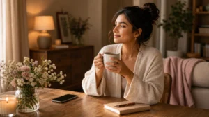 A calm confident woman with tea, phone face down, flowers, warm interior, emotionally warm boundary-setting mood, no text.