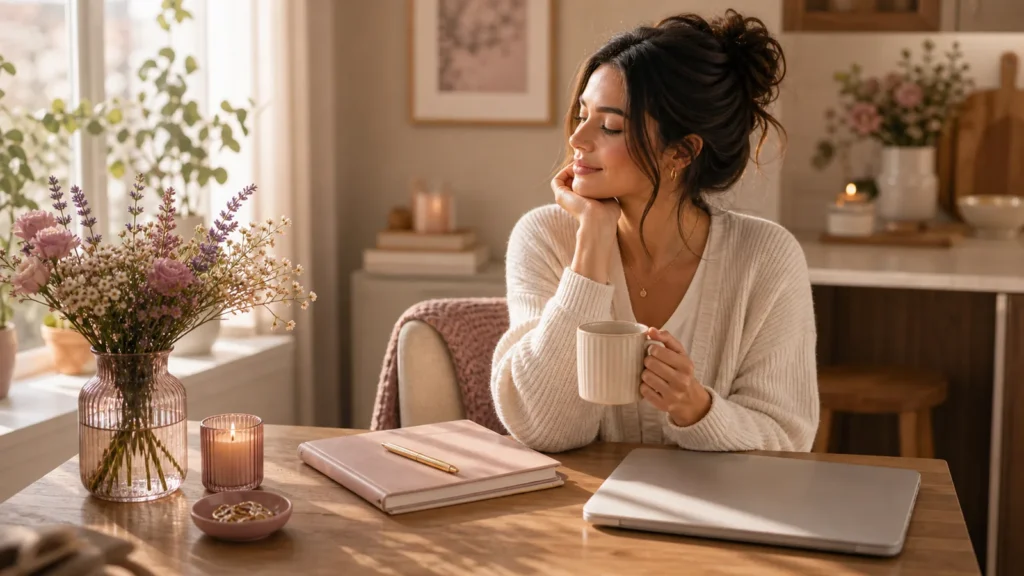 A calm weekly reset scene with a woman at a kitchen table, simple planner, tea, flowers, warm daylight, realistic and premium lifestyle editorial, no text.