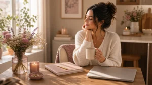 A calm weekly reset scene with a woman at a kitchen table, simple planner, tea, flowers, warm daylight, realistic and premium lifestyle editorial, no text.