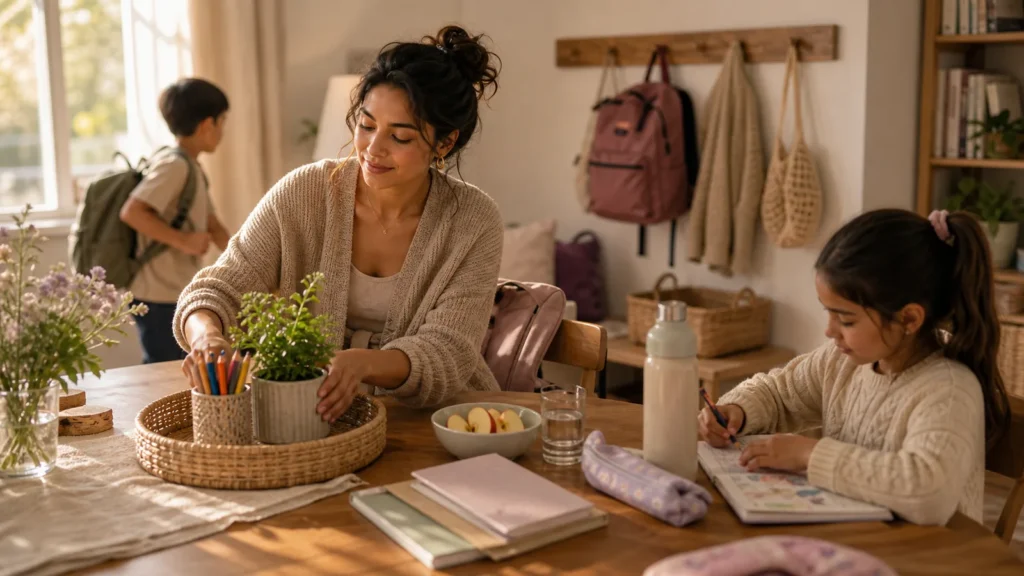 A mother creating a calm after-school corner with children items, snack bowl, warm family-home rhythm, no text.