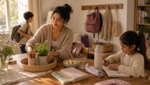 A mother creating a calm after-school corner with children items, snack bowl, warm family-home rhythm, no text.