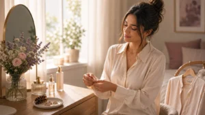 A gentle getting-ready scene with a woman choosing simple jewelry and soft clothing near a sunlit wardrobe, calm bedroom, subtle flowers, warm neutral palette, realistic lifestyle editorial, no text.
