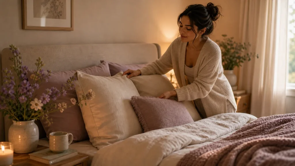 A soft inviting bedroom with flowers, warm lamp, tea, and woman arranging pillows, cozy uncluttered mood, no text.
