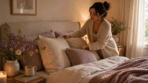 A soft inviting bedroom with flowers, warm lamp, tea, and woman arranging pillows, cozy uncluttered mood, no text.