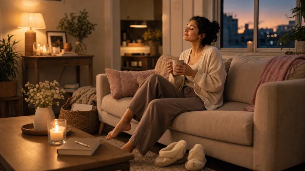A warm evening transition scene with a woman resting after a busy day, cozy sofa, tea, soft lamp, no text.
