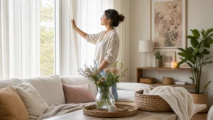 A woman lightly refreshing a room with curtains, flowers, basket, folded blanket, calm easy home reset, no text.