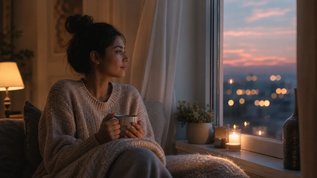 A woman calming down at dusk near a window with tea and soft lamp light, warm realistic lifestyle hero, no text.