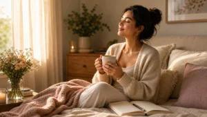A woman resting with tea and blanket after a hard day, soft daylight, flowers, gentle hopeful self-worth mood, no text.