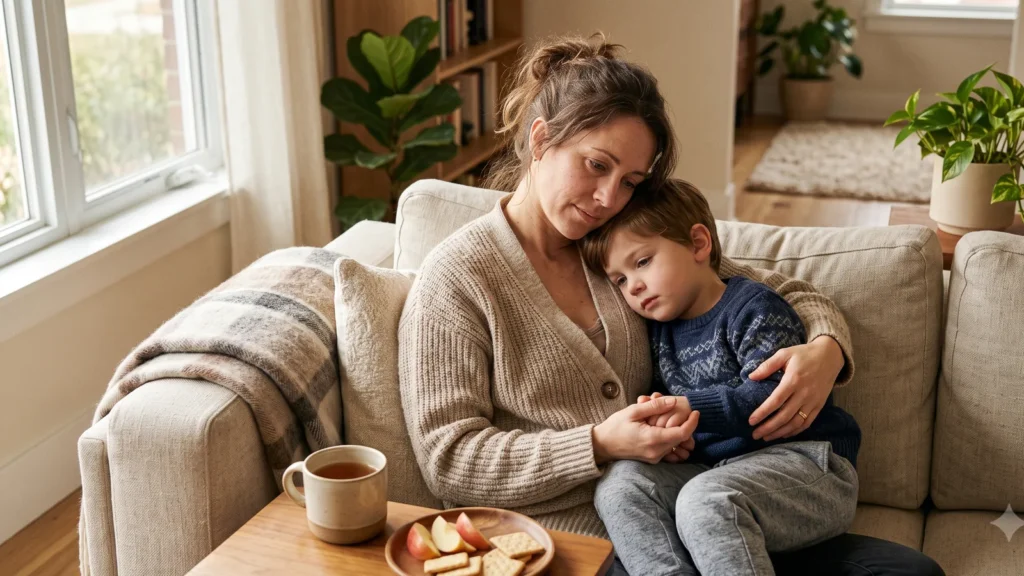 A tired mother gently supporting a child in a warm home setting, compassionate parenting mood, no text.