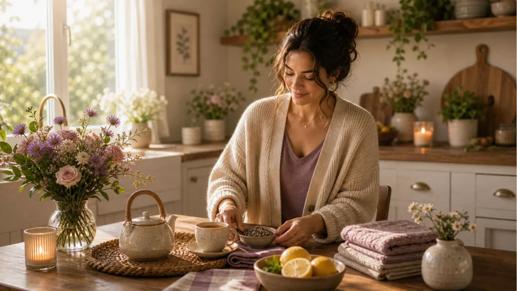 Warm editorial kitchen-table comfort scene for a family weekend