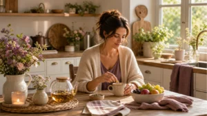Warm editorial kitchen-table home comfort scene for a slow weekend