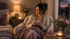 Warm editorial evening care scene with blanket and tea